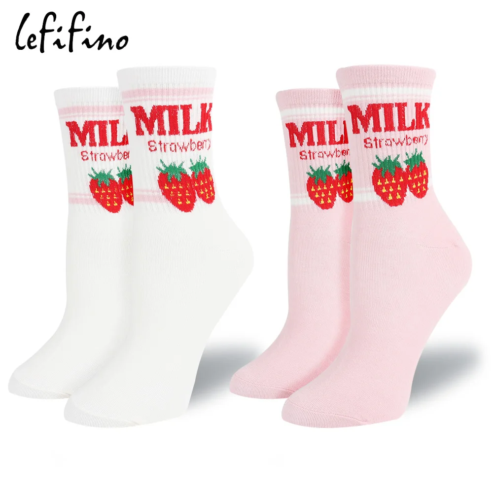 

Women Cute Jacquard Strawberry Socks Milk Letter Candy Color Socks Summer Lovely Kawaii White Pink Stripes Socks Female Le51940