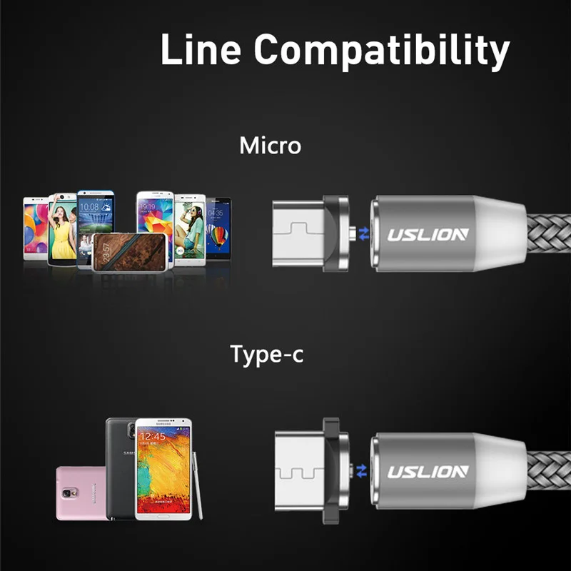 USLION светодиодный магнитный кабель Micro USB type C для huawei mate 20 Pro samsung Быстрое зарядное