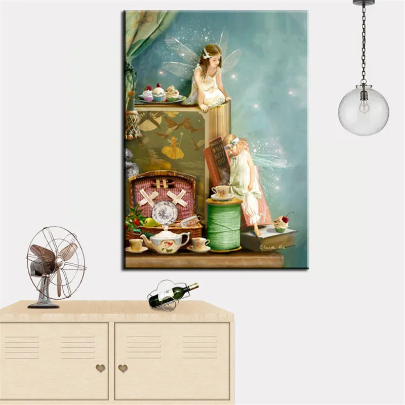 Cartoon Angels Flower Fairies Abstract Oil Painting Print on Canvas Poster Wall Picture for Girl's Room nursery Christmas Decor (3)