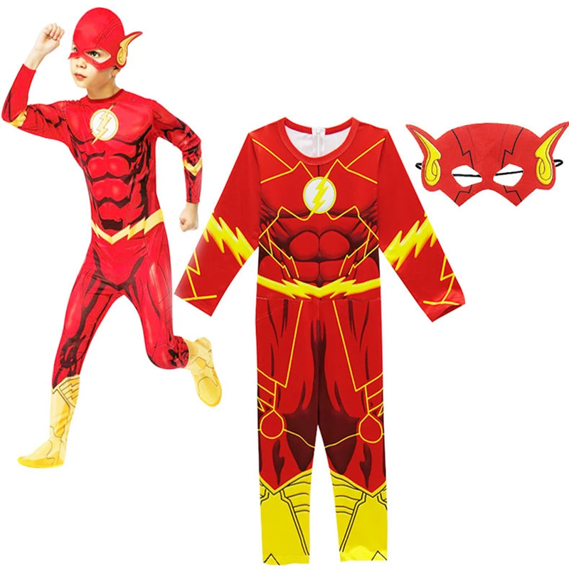 

2019 New Boys Flash Man Cosplay Iumpsuits for Kids Costumes Children Muscle flashman Red Superman Onesies Party COS with Mask