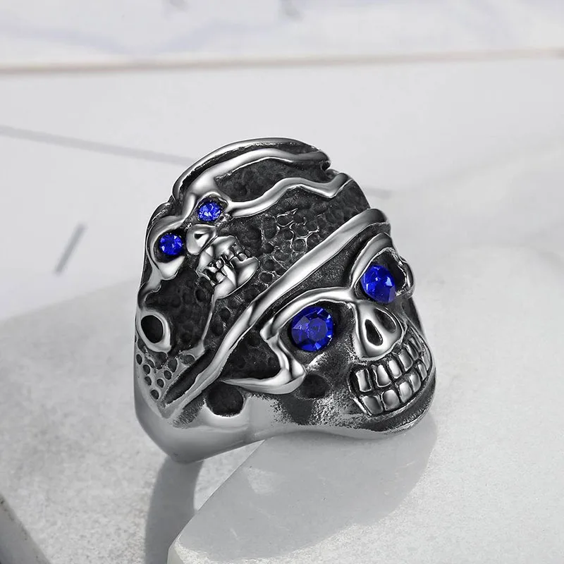 Stainless Steel Skull Christmas Party Gifts Big Rings For Women Men Blue Crystal Punk Ring Drop Shipping