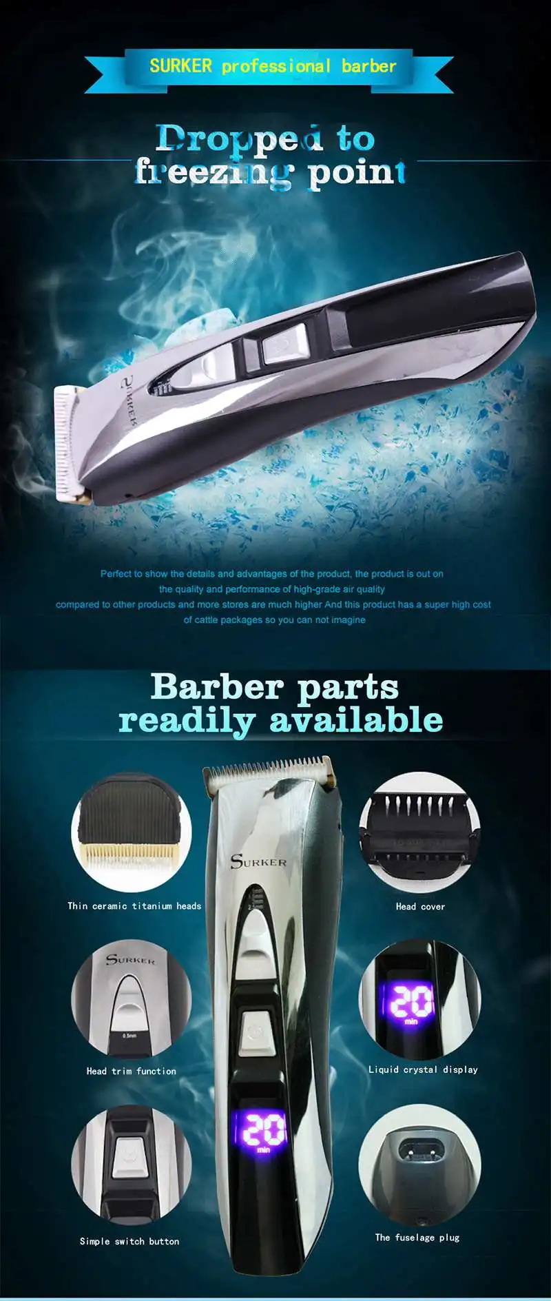SURKER Rechargeable Electric Hair Trimmer Quiet LED Display Wireless Electric Fader Hair Clipper Hair Cutting Machine