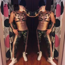 Стиль, камуфляжный принт, накладные мышцы, бандажный дизайн, мужской комбинезон, ночной клуб, бар, Ds, для шоу на сцене, комбинезоны, большой эластичный костюм