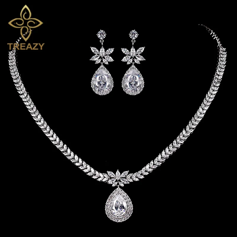 TREAZY Luxury Cubic Zirconia Wedding Jewelry Sets Waterdrop Crystal Choker Necklace Earrings Set for Women Bridal Jewelry Sets цена TREAZY Luxury Cubic Zirconia Wedding Jewelry Sets Waterdrop Crystal Choker Necklace Earrings Set for Women Bridal Jewelry Sets цены онлайн