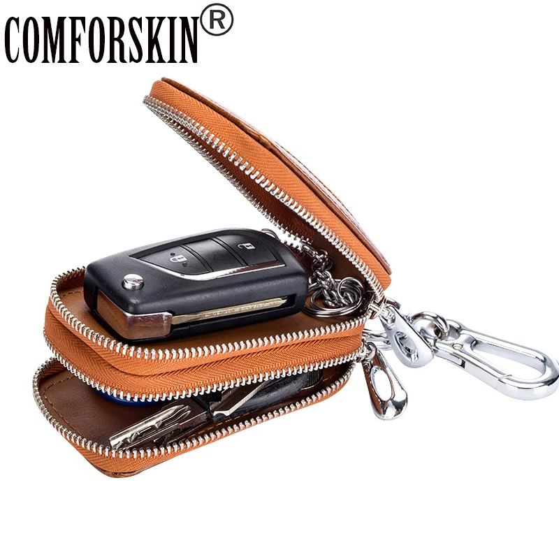

Unisex Universal Car Key Wallets Double Zippers Split Leather 2017 Best Housekeepers Hardware Removable Key Bags with ID Window