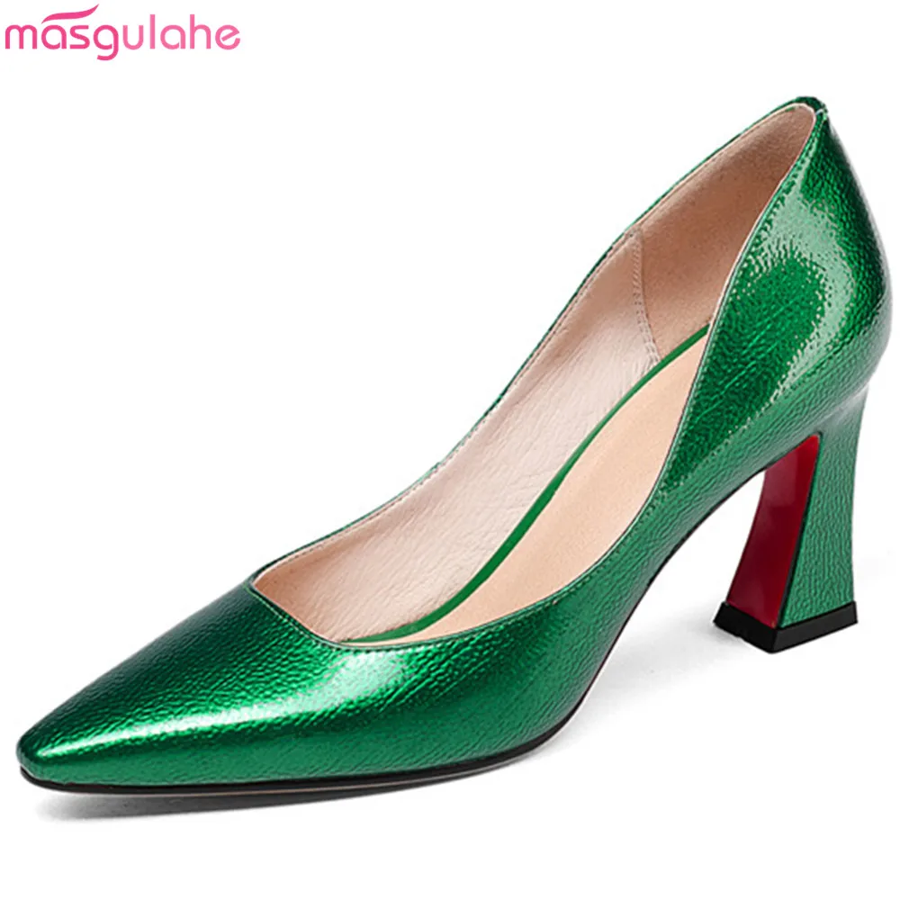 

Masgulahe black green fashion spring autumn ladies pumps shallow dress shoes pointed toe elegant women high heels shoes