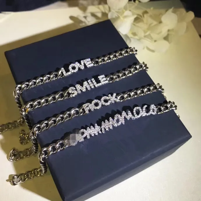 

Famous design 925 sterling silver jewelry cubic zirconia Alphabet letter LOVE ROCK A*M MONACO SMILE bracelet chain link bangle