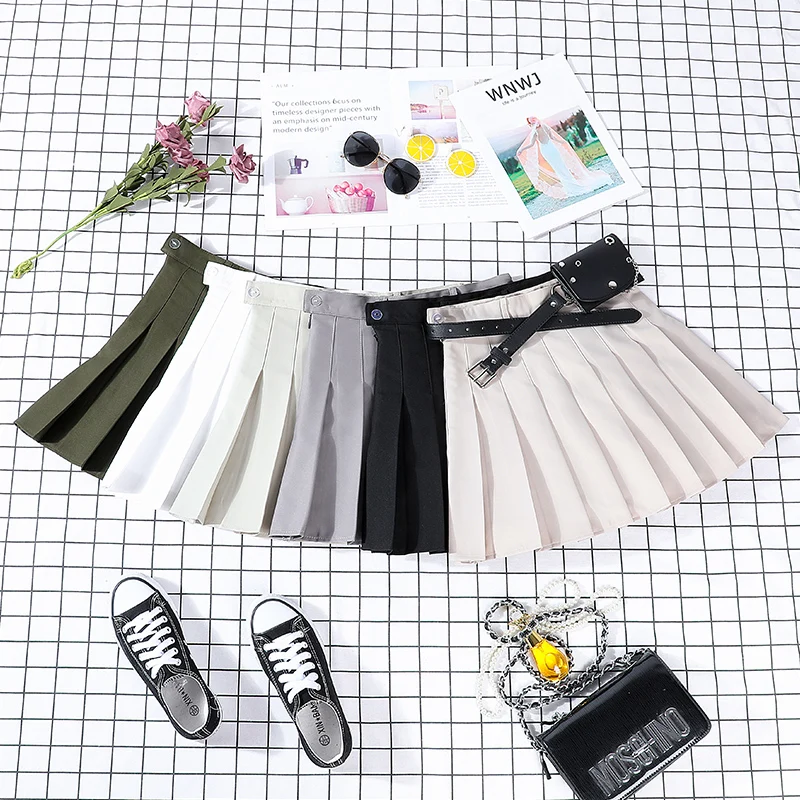 New Hip-hop Women's Harajuku Pleated Skirt Gothic Black High Waist Mini Skirts Cute Girls Punk A Line Short Skirt With Belt