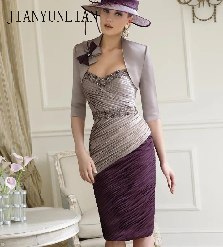 

Sexy Fashion Crystal Beaded Pleats Sweetheart Knee Vintage Length Formal Mother of the Bride Dresses With Jacket Sheath