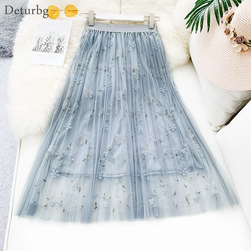 

Women's Elegant Floral Embroidered Midi Skirt Ladies Korean High Waist 3 Layer Mesh Pleated Pink Tulle Skirts 2019 Faldas SK387