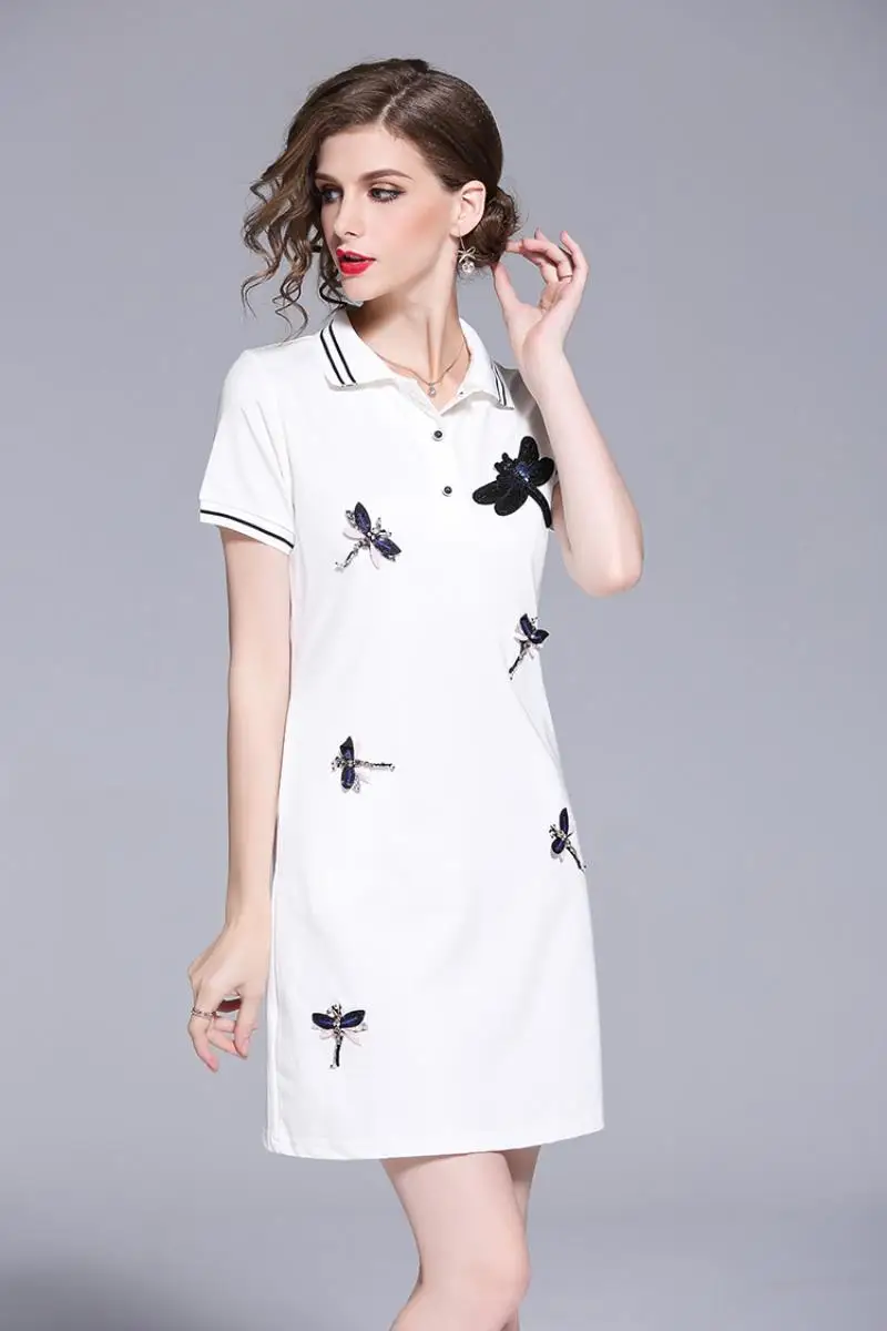 New Arrival 2018 Brand Clothing Summer Short Sleeved T-shirt Dress Women Embroidery Beading Casual White POLO Shirt Dress S-XXL