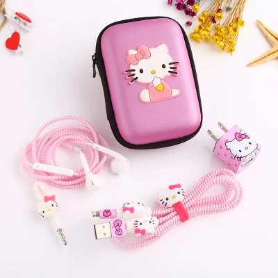

Cartoon USB Cable Earphone Protector Set With Earphone Box Cable Winder Stickers Spiral Cord Protector For iphone 5s 6 6s 7