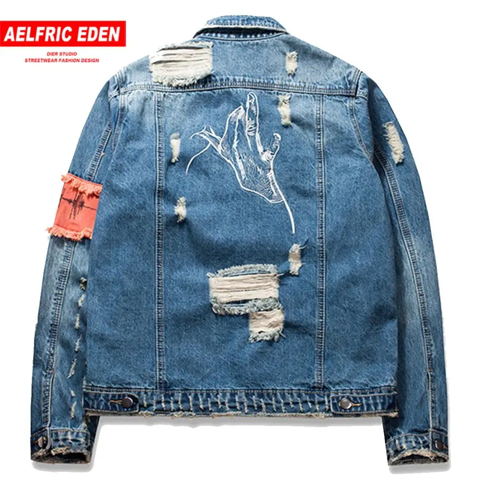 

Aelfric Eden Front Zipper Destroyed Jeans Flight Jacket Men Ripped Denim Jean Jackets Hip Hop Overcoats Casual Streetwear Ae028