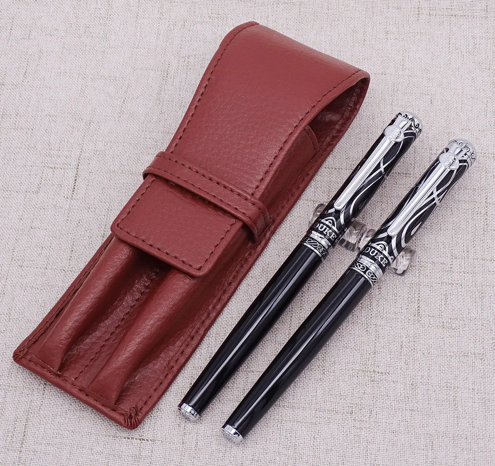 Caneta com Caneta Saco de Couro Real do Couro Duke Rubi Fountain Pen & Rollerball Caso Lavado Suporte da Pena Escrever Gift Set 3 com Caneta Caso Saco de Couro Real