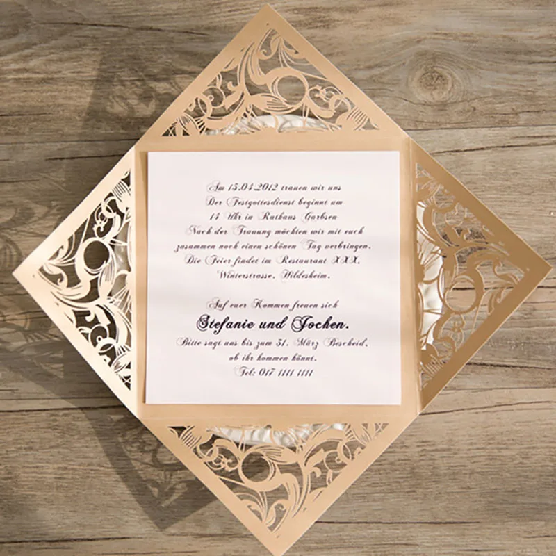 

100 Pack Design Gold Wedding Invitations Print Customize invitation Cards laser Cut Flower Paper Pattern Card Casamento Convite