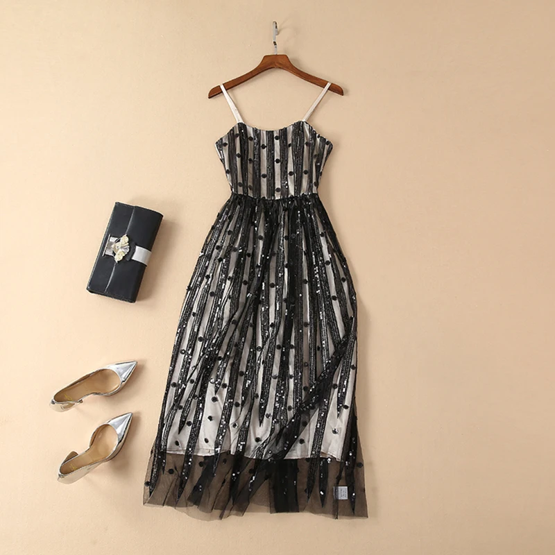 

HIGH QUALITY Newest 2019 Summer Runway Dress Women's Spaghetti Strap Sequined Mid-calf Dress
