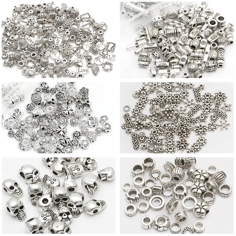 

Mixed Size Flower Spacer Beads charm bige hole Zinc Alloy Loose Round Beads Metal Silver Plated For European Beads DIY Jewelry