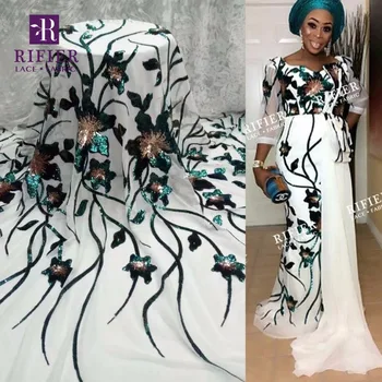 

2018 High Quality Nigerian French Lace African Lace Fabric Green Flower Sequined Guipure Mesh Lace For Party Dresses India Tissu