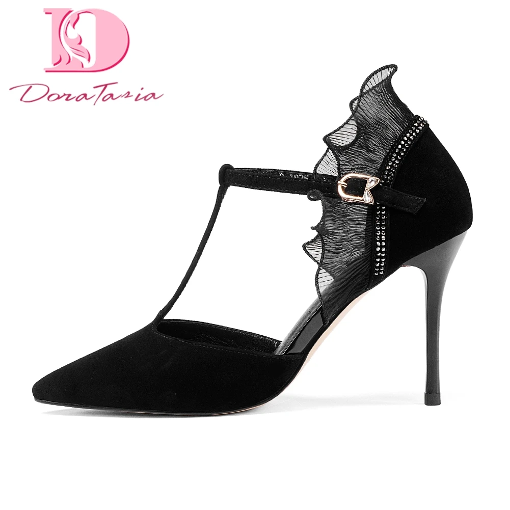 

DoraTasia 2018 brand lace kid suede leather t-strap summer pumps sandals sexy thin high heels party women's shoes