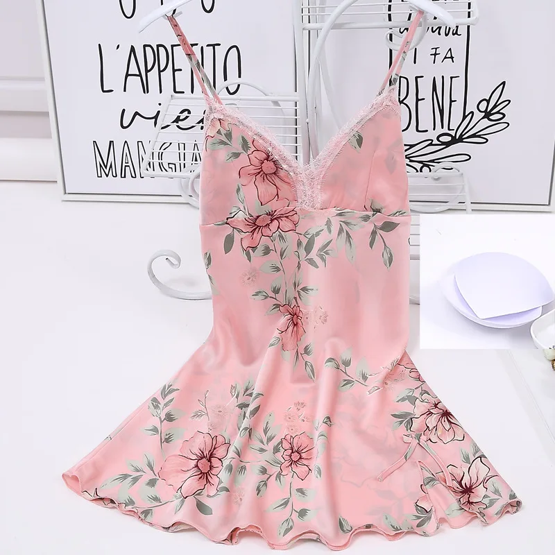 

Freshing Summer Spaghetti Strap Lace Women Nightgown Printing With Pad Deep V Female Lingerie