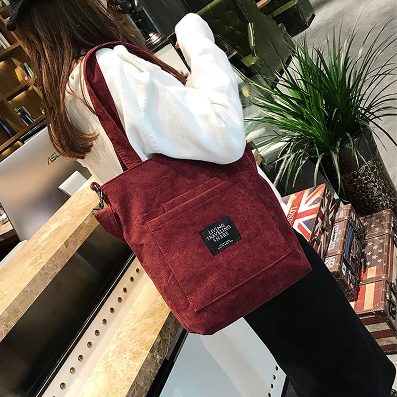  Women Corduroy Canvas Tote Ladies Casual Shoulder Bag Foldable Shopping Bags Beach Bag Cotton Cloth - 32954875885