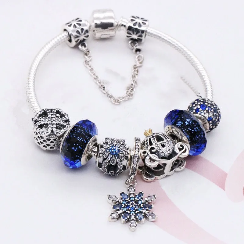 

Fits Pandora Jewelry Charm DIY Gift Sterling Silver 925 Beads Accessories Snowflake Pumpkin Car Blue Series Finished Bracelet