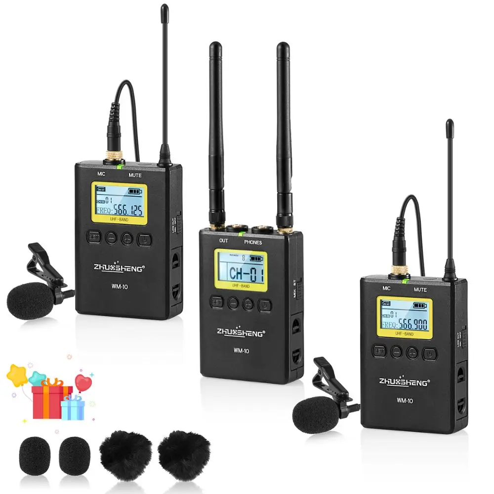 WM 10 Professional UHF Wireless Microphone System Lavalier Lapel Mic