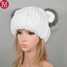 Открытый ручной работы вязаный Настоящий мех кролика шапочки шапки для женщин Настоящий мех кролика шапочки шапка натуральный мех кролика Рекс шапка