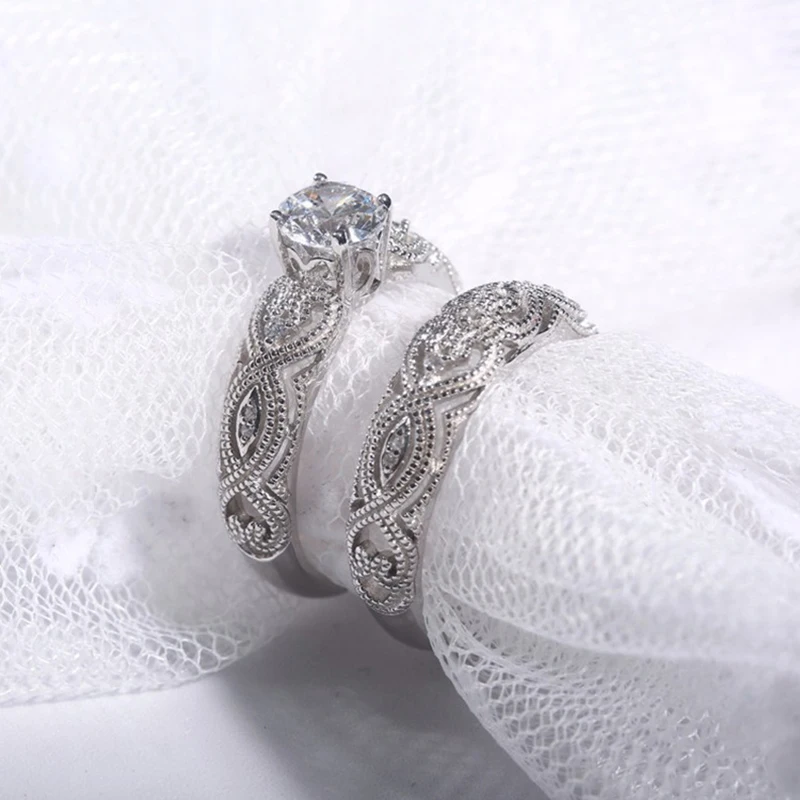 Mossovy Zircon Engagement Silver Wedding Rings for Women Fashion Rhinestone Hollow Couple Ring for Female Jewelry Anillos Mujer