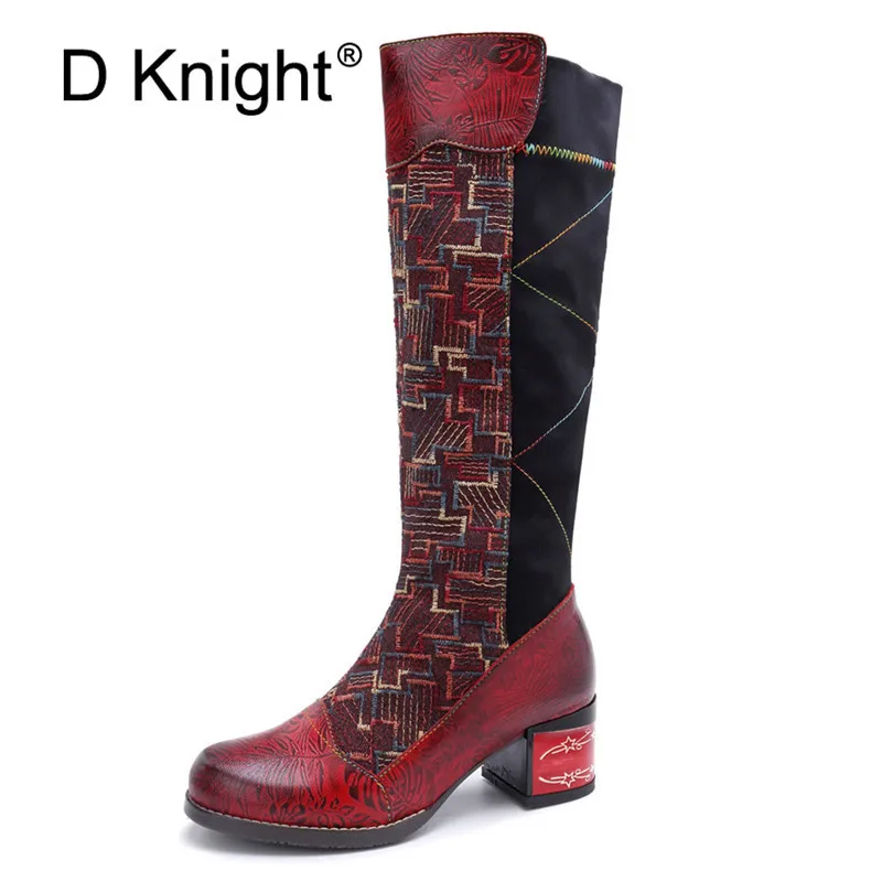 

Handmade Genuine Leather Knee High Boots Women Shoes Vintage Patchwork Lady Embroider Shoes Zipper Heels Spring Autumn Boots New