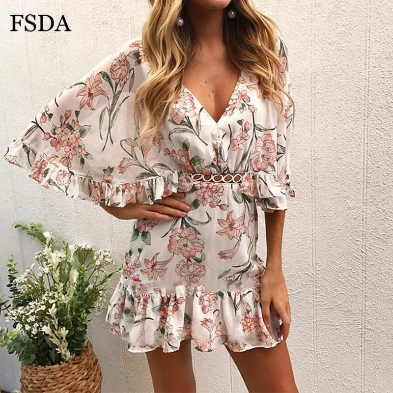 

FSDA Floral Print V Neck Mini Dress Boho Beach Ruffles Hollow Out Butterfly Sleeve Casual Summer Women Dresses