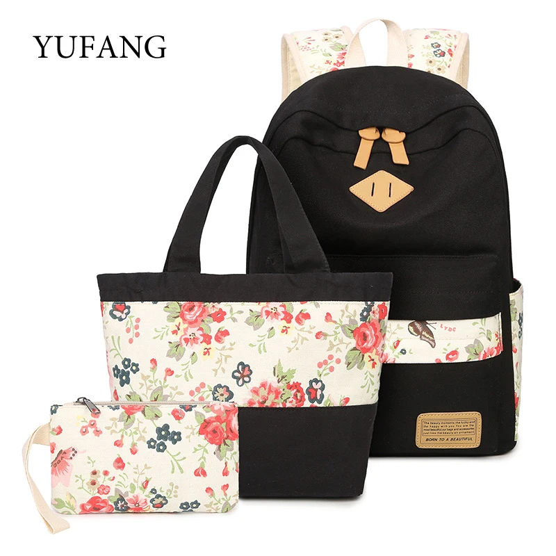 

YUFANG 3Pcs Printing Floral Canvas Backpack Black For Laptop Schoolbag For Teenage Girls Women Casual Daypack Female Mochila