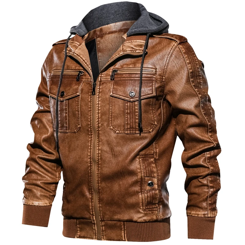 New Fashion Hooded Leather Jacket Men Casual Pockets Biker Motorcycle PU Faux Leather Coats Zipper Bomber Jackets jaqueta couro