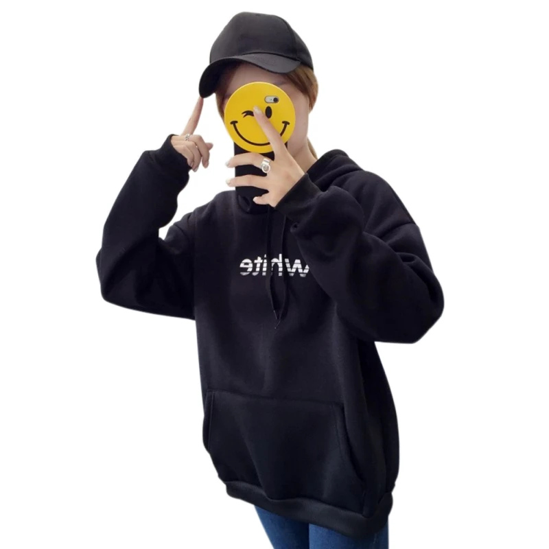 Письмо печати Harajuku Drawstring Pocket Hoodie Женский, черный демисезонный Топы корректирующие дамы с капюшоном длинный рукав свободный покрой