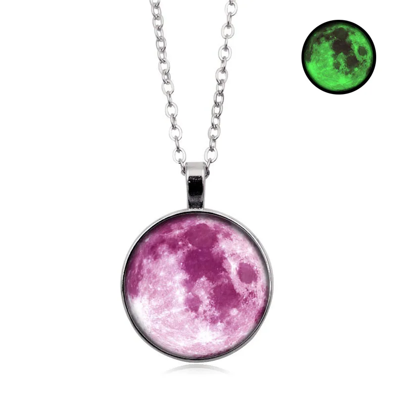 Hot sale Glow In The Dark Moon Pendant Necklace Galaxy Planet Glass Cabochon Luminous Jewelry Silver Chain Necklace Women - Окраска металла: 7