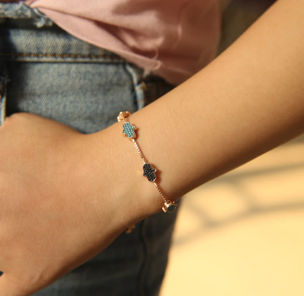 

2019 Top sale Elegant women fashion jewelry black blue turquoises paved tiny CZ Palm hand Bracelet cute girl delicate party gift