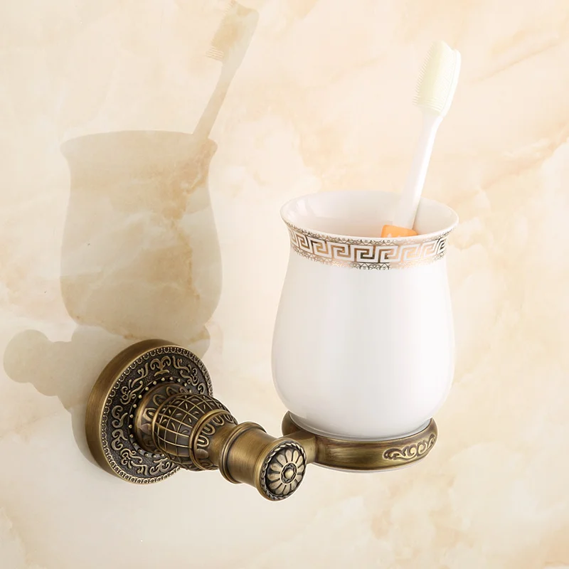 Antique Brass Toothbrush Holder Single Ceramic Cup Bronze Finish Retro
