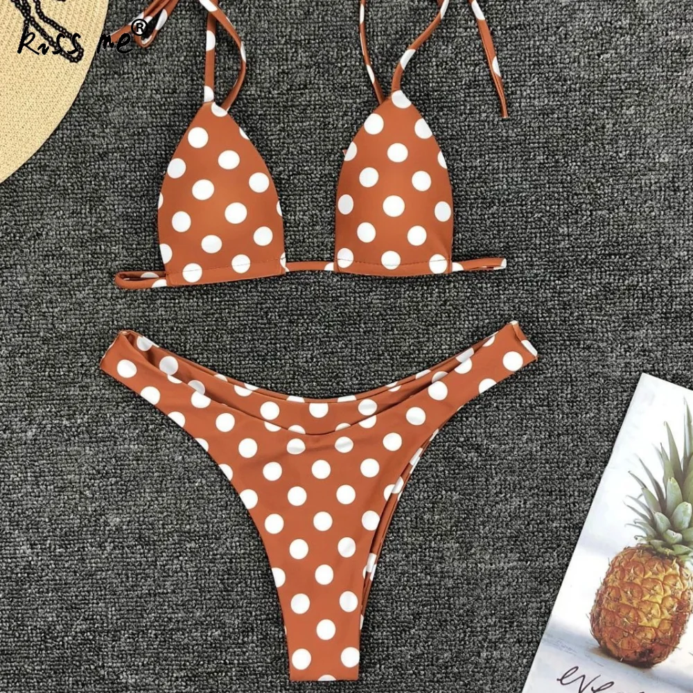 

Coffee Triangle Bikini Set Dot Printed String Solid Bathing Suit Two Piece Swimsuit Women High Cut Swimwear Backless Summer Suit