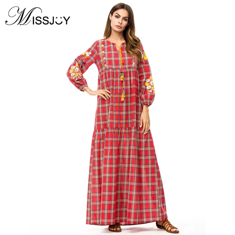 MISSJOY Arab Elbise клетчатые платья в шотландскую клетку, Vestido, женские красные с длинными рукавами, с принтом, Повседневная Вышивка, мусульманская Турецкая абайя