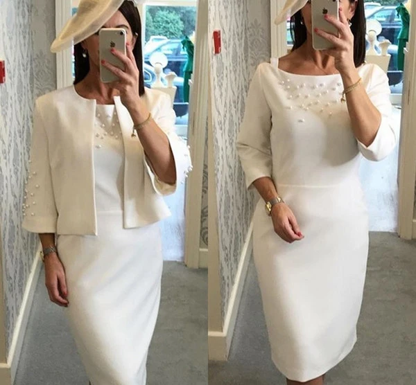 Sheath Knee Length Ivory Mother Of The Bride Dress With Jacket Elegant Pearls Wedding Guest Dress Women Party Gowns