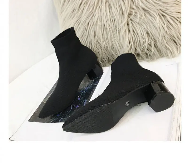 Женские ботинки эластичные ботильоны с острым носком обувь на толстом каблуке средней высоты женские носки осень г