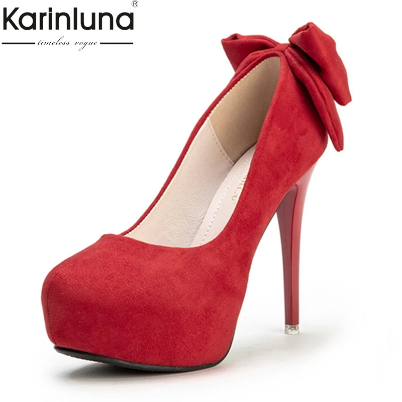 

KarinLuna Sweet Bow Shoes Woman Sexy Thin High Heels Round Toe Party Wedding Sexy Platform Pumps women's Shoes