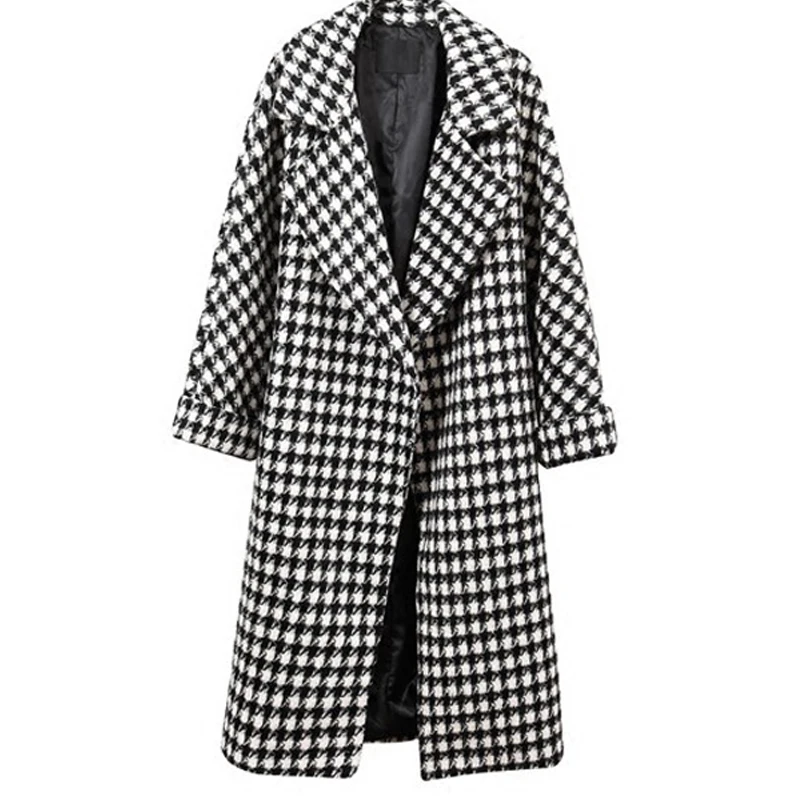 Vogue Korea Ladies Clothing Winter Black White Plaid Wool Coat Fashion Plus Size Long Vintage Warm Overcoat for Women ladies consultation coat white size 14 1 each model 88018qhw14