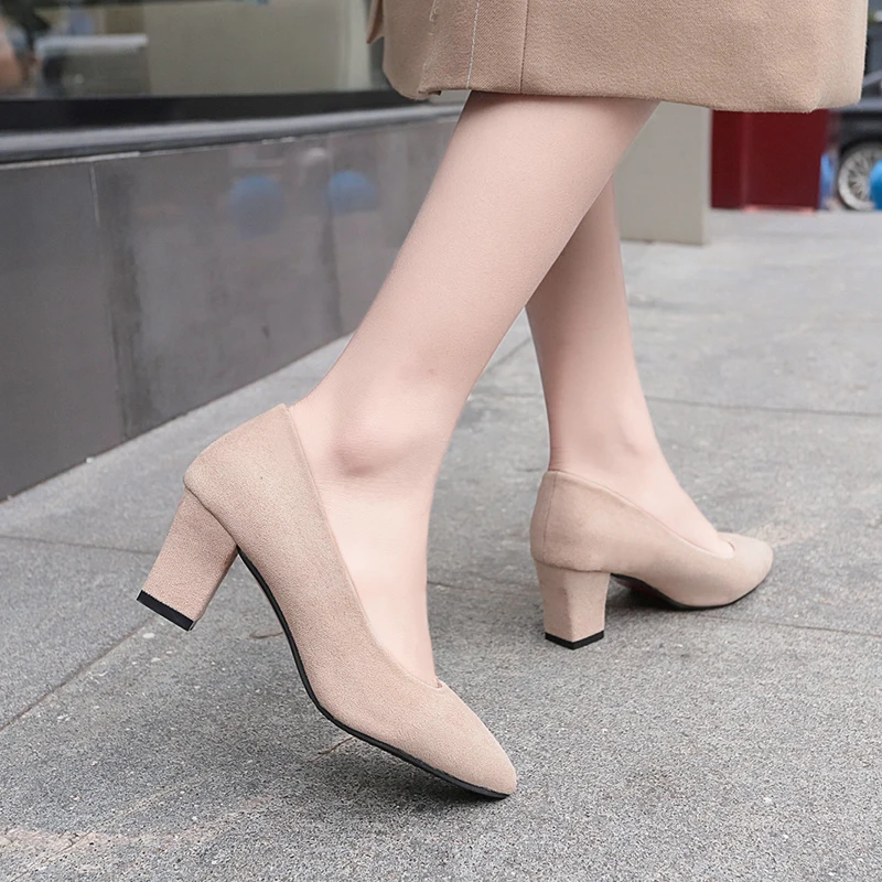 

Plus Size 35-43 Women Dress Shoes Square Heeled Pumps Faux Suede Ladies Shoes Pointed Toe Boat Shoes Woman Medium Heeled N6973