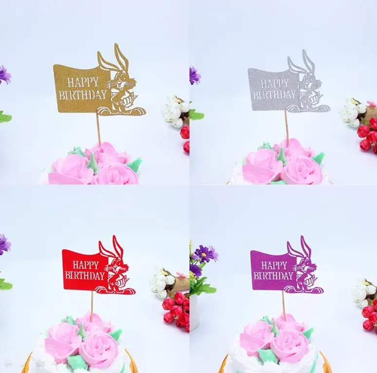 

1pc Cartoon Rabbit Happy Birthday Cake Flag Topper Multi Colors Animal Flags For Wedding Birthday Party Cake Baking Decoration