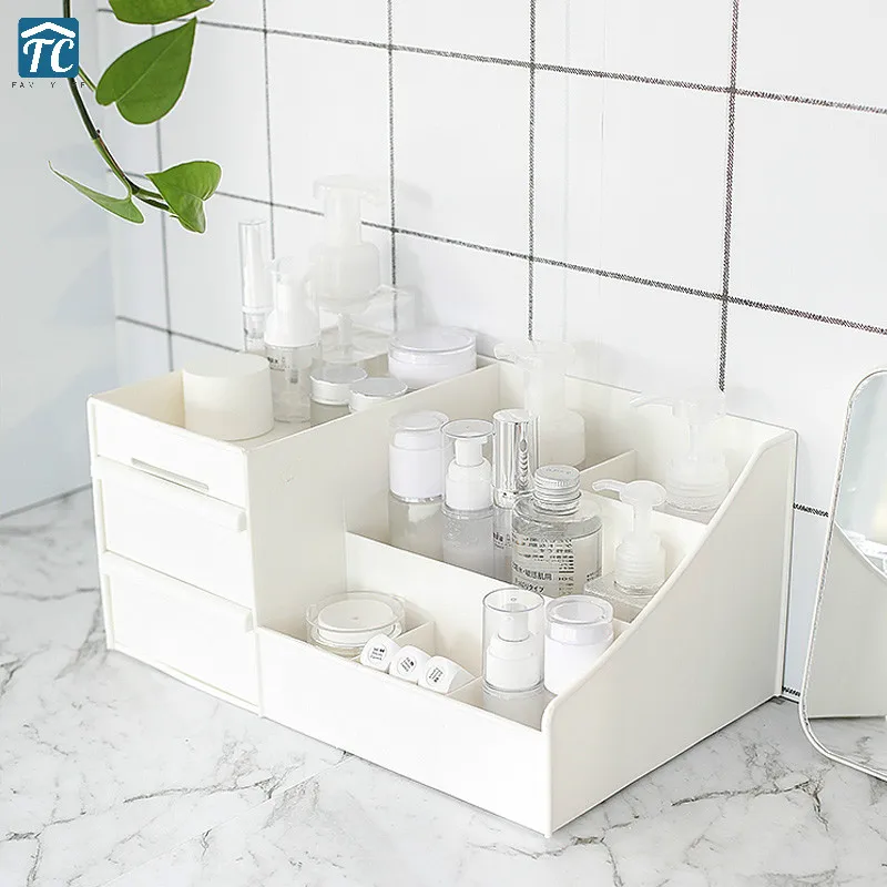 

Cosmetics Organizer Storage Box Large Drawer Rangement Dressing Desktop White Makeup Plastic Casket Decorations Holder Case