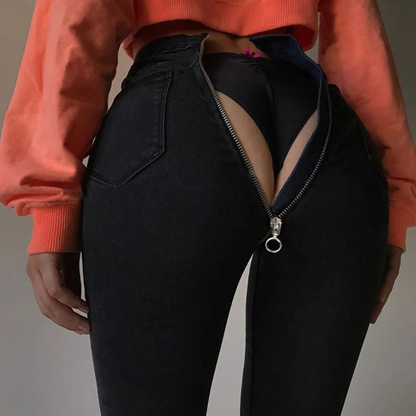 Women Jeans With Zipper Open Crotch Boyfriend High Stretch Skinning Denim Pant Young Trousers Straight Sexy Jeans for Girls 2018
