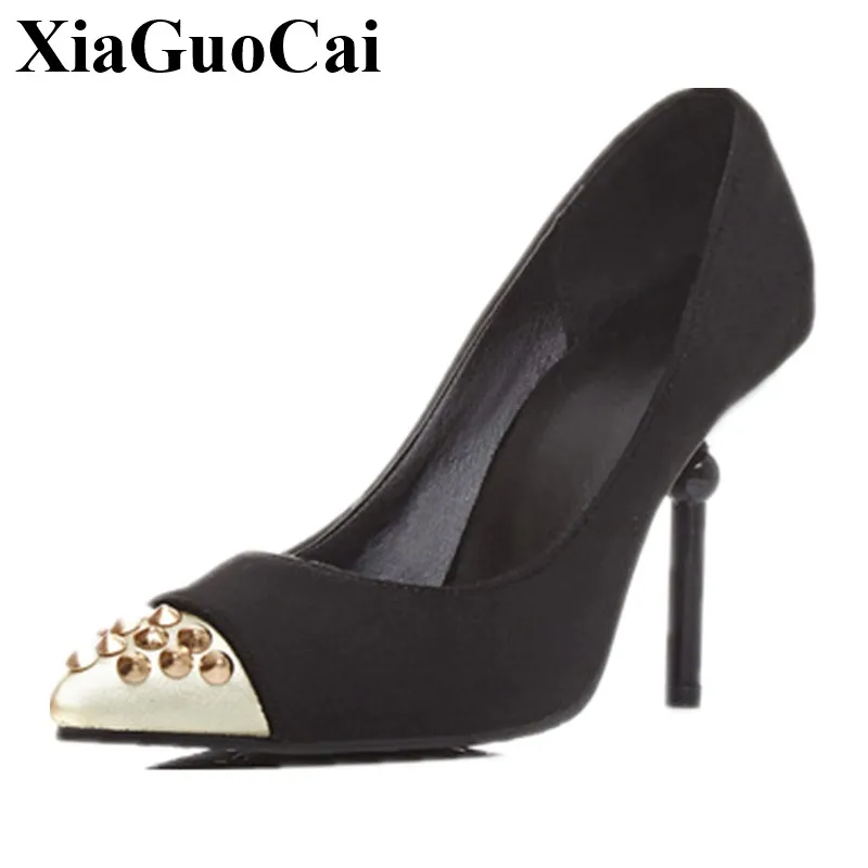 

Fashion Pointed Toe Pumps Women Shoes OL Sexy Shallow Metal Thin High Heels Rivet Platform Black Shoes Women Clab H79 35