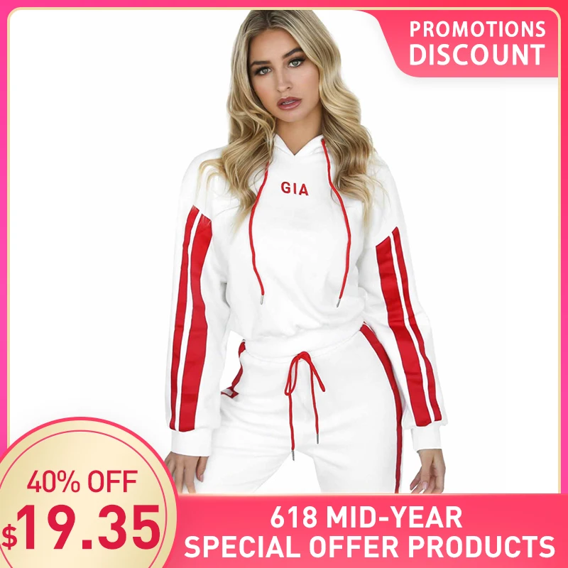 

2019 Women's Color Matching Striped Short Hooded Casual Sports Suit Ladies Hoodie + Pants Loose Comfortable Streetwear