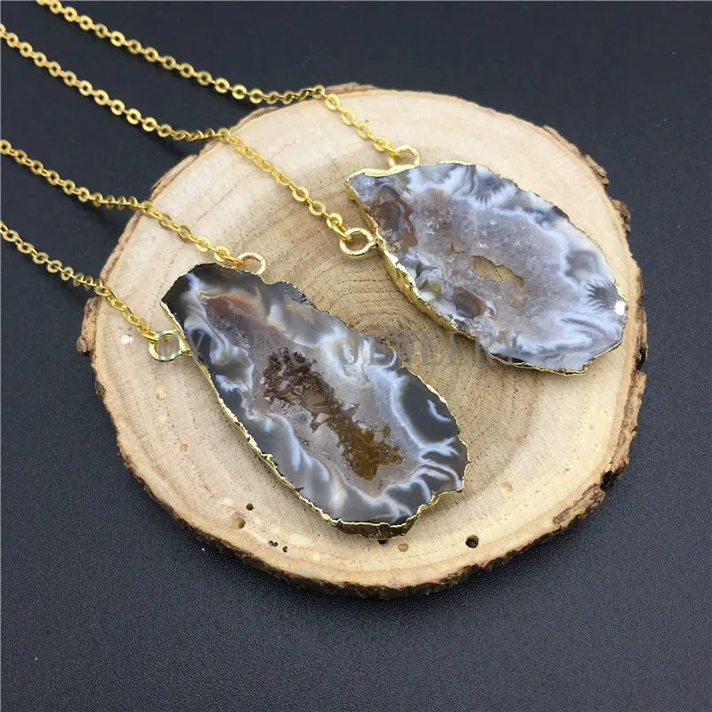 

MY0858 Natural Freeform Shape Agates Geode Druzy Slice Gold Color Electroplated Pendant Connector Necklace With Gold Color Chain